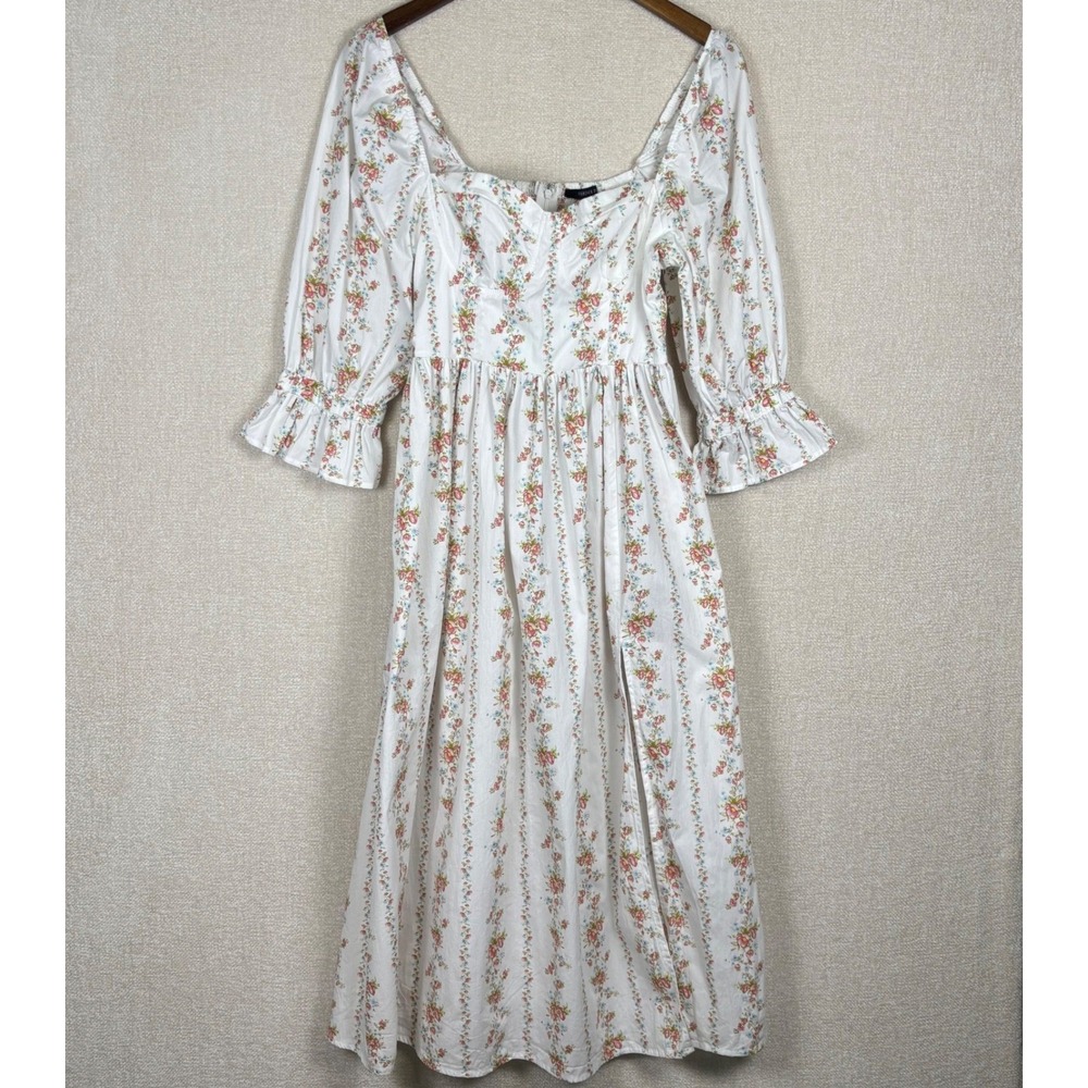 Forever 21 Floral Cottagecore Midi Dress White Pink Blue Slit Milkmaid Large